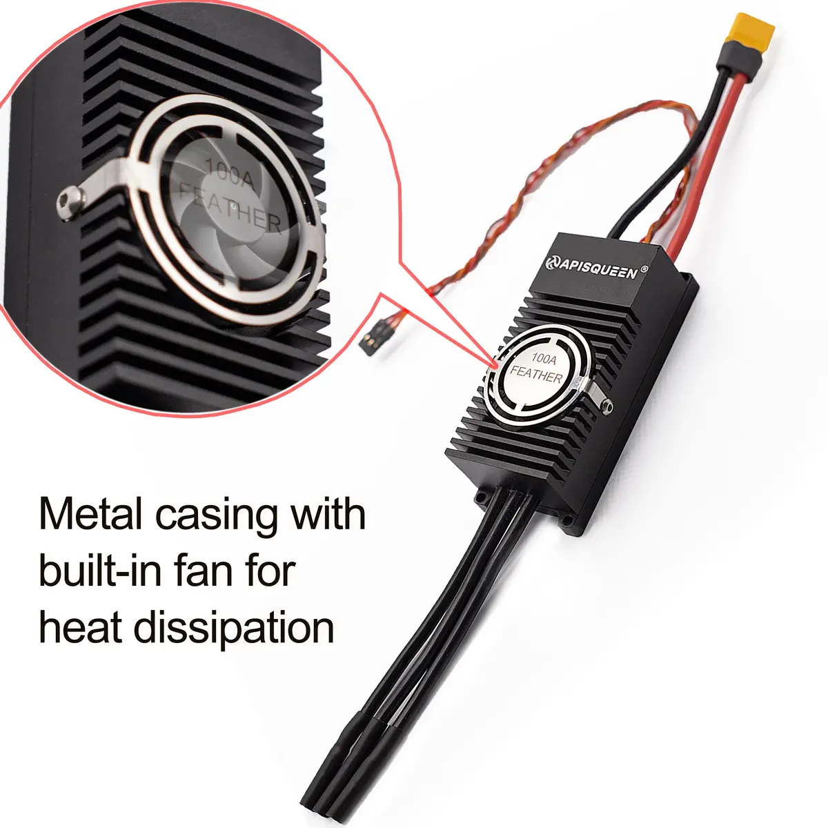 Apisqueen 24V 100A Feather Esc Metal Case With Built-In Fan Cooling With 5.5V 3A Bec For Underwater Thrusters And Motors 1