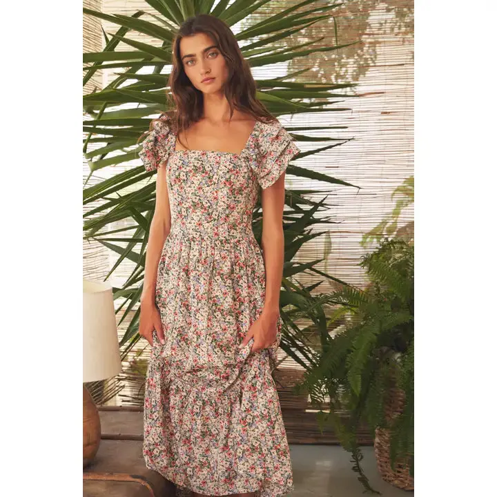 Floral Cascading Ruffle Sleeve Maxi Dress 1