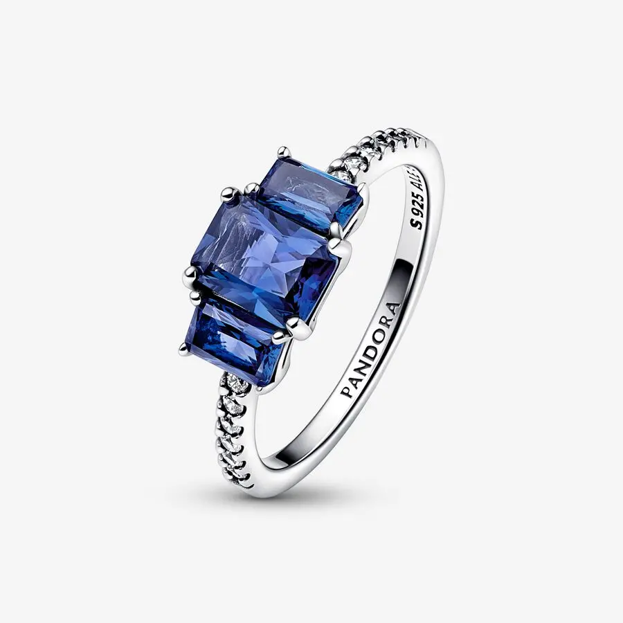 Blue Rectangular Three Stone Sparkling Ring 1
