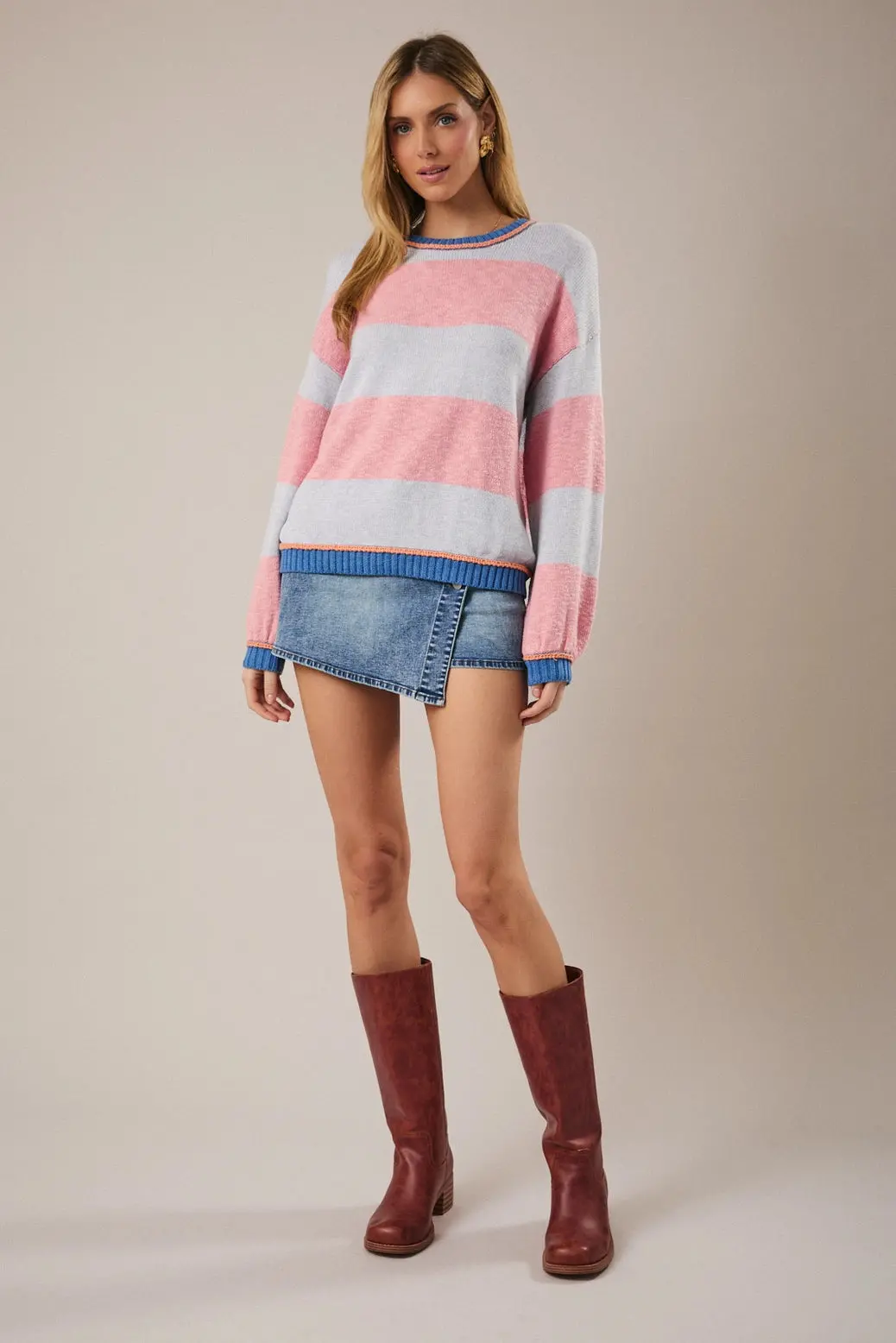 The Rielee Round Neck Long Sleeve Stripe Sweater 1