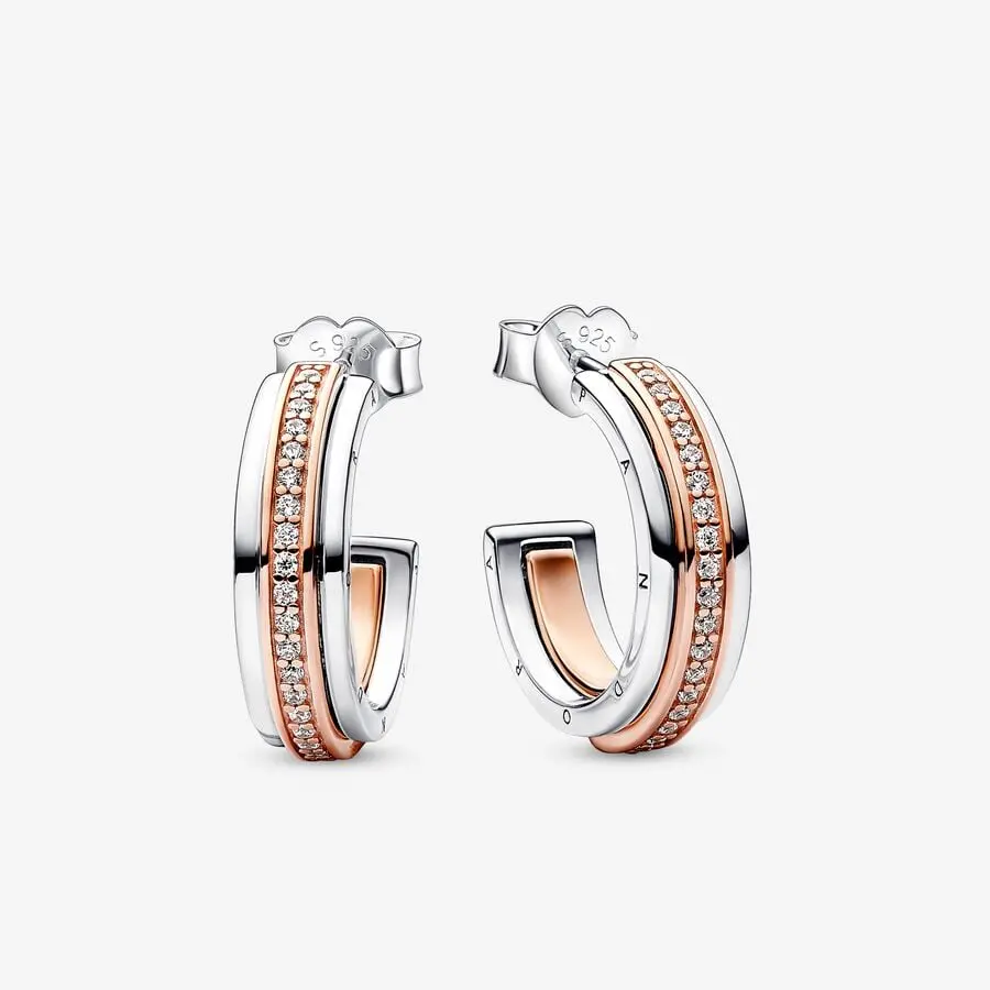 Pandora Signature Two Tone Logo & Pavé Hoop Earrings 1