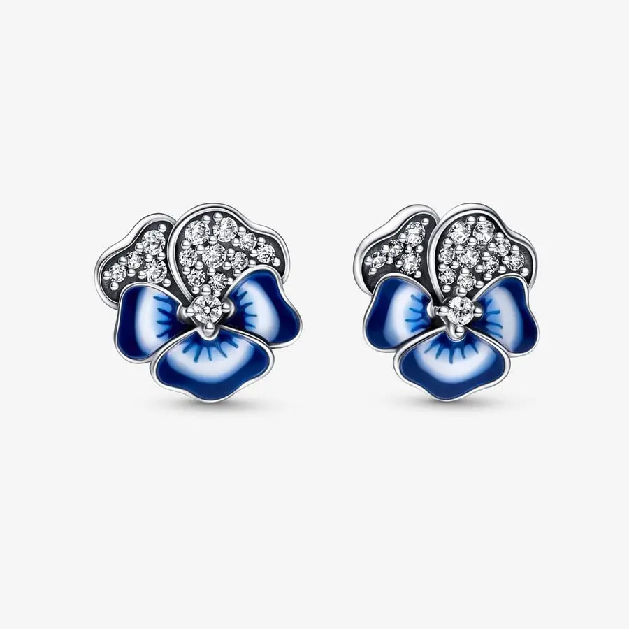 Blue Pansy Flower Stud Earrings 1