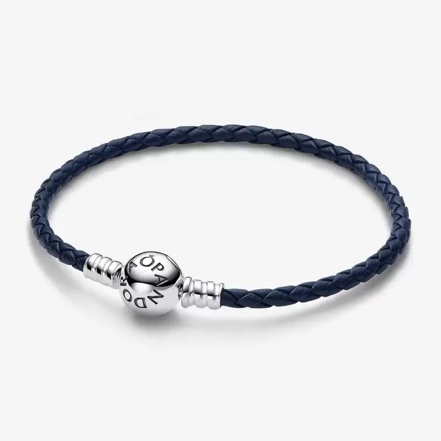 Pandora Moments Round Clasp Blue Braided Leather Bracelet 1
