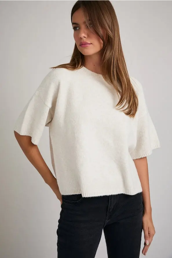 The Lala Short Sleeve Crew Neck Boxy Sweater - Cream 1