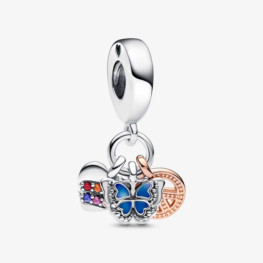Two-Tone Rainbow Heart, Butterfly & Peace Triple Dangle Charm 1