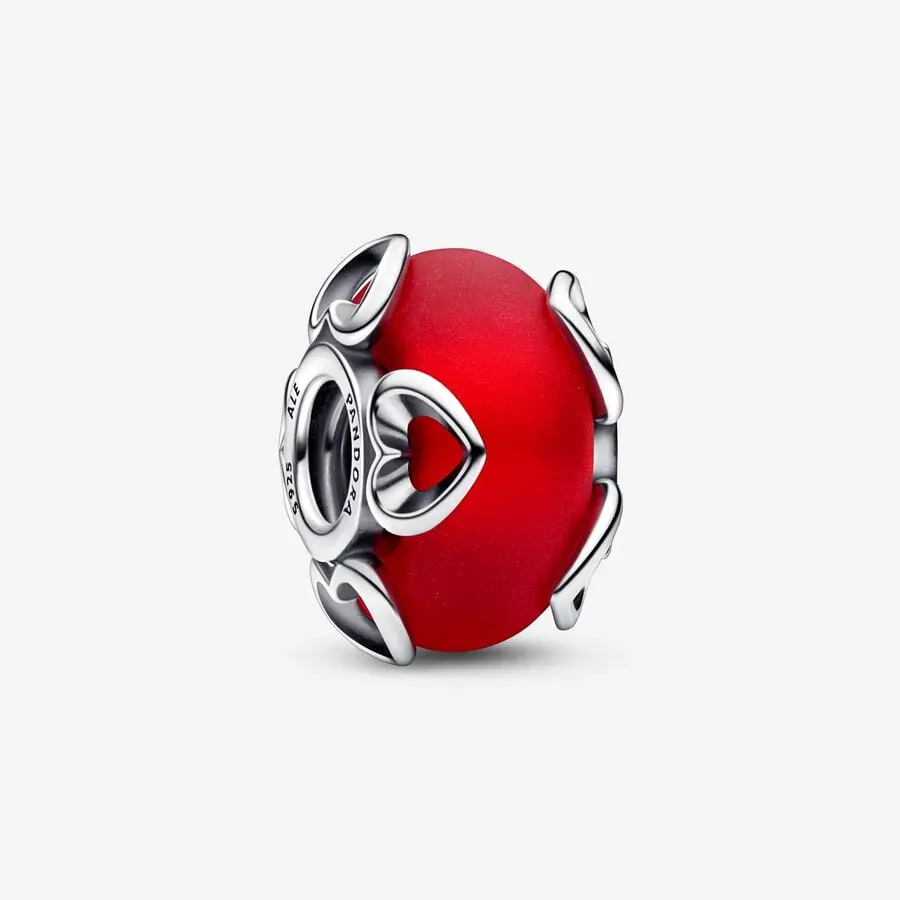 Frosted Red Murano Glass & Hearts Charm 1