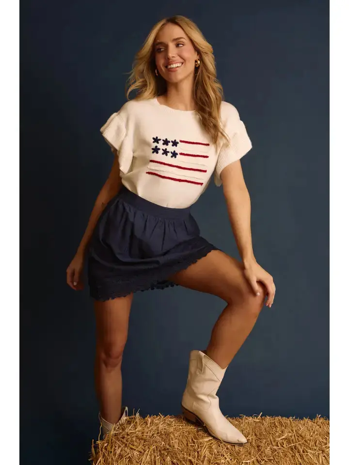 Round Neck Ruffle Sleeve Usa Flag Novelty Sweater Top 1