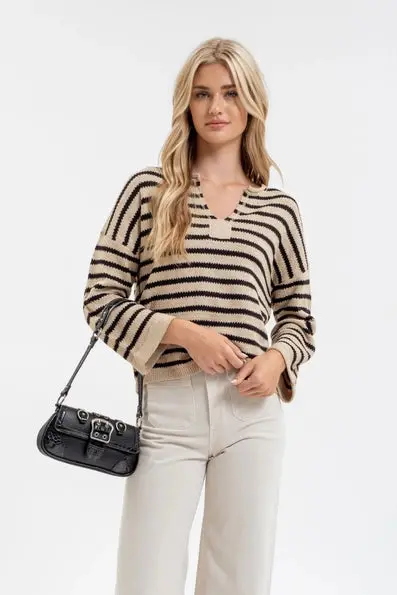 Stripe Split Neck Long Sleeve Knit Sweater 1