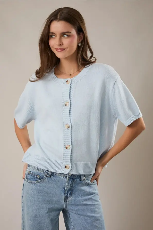 The Kathryn Short Sleeve Sweater Cardigan - Baby Blue 1