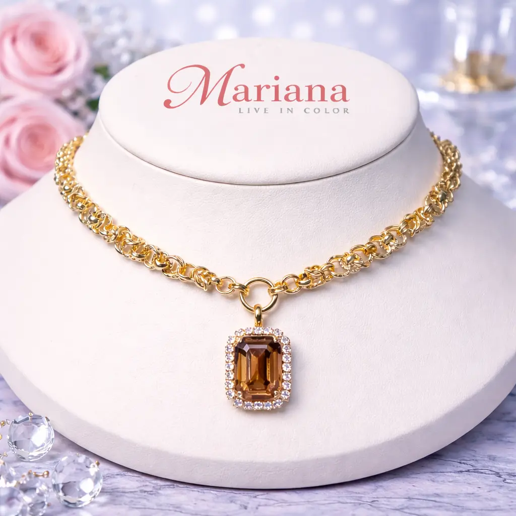 Mariana Necklace N-3411/1-6006-Yg Extra Luxurious Halo Emerald Cut Pendant On Chunky Link Chain In Amber Dream 1