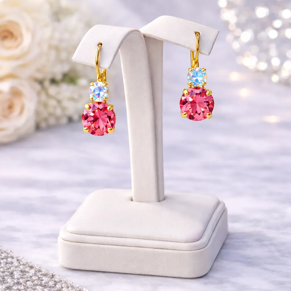 Mariana Earring E-1190-1Ab542-Yg6 Medium Double Stone Leverback Earrings In Playful Pink & Ab 1