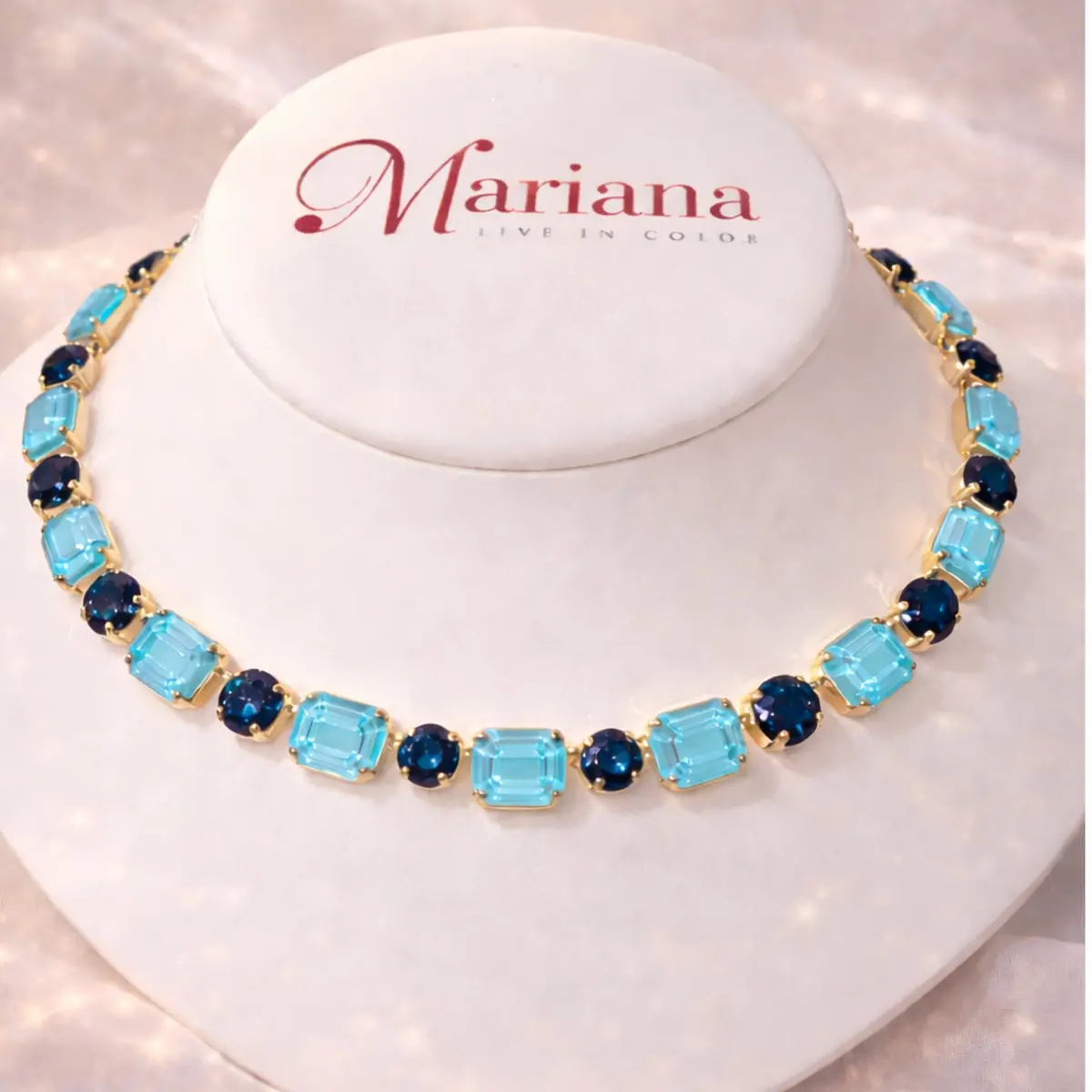 Mariana N-3320/1-6009-Yg Medium Emerald Cut & Round Necklace In Blue Hues 1