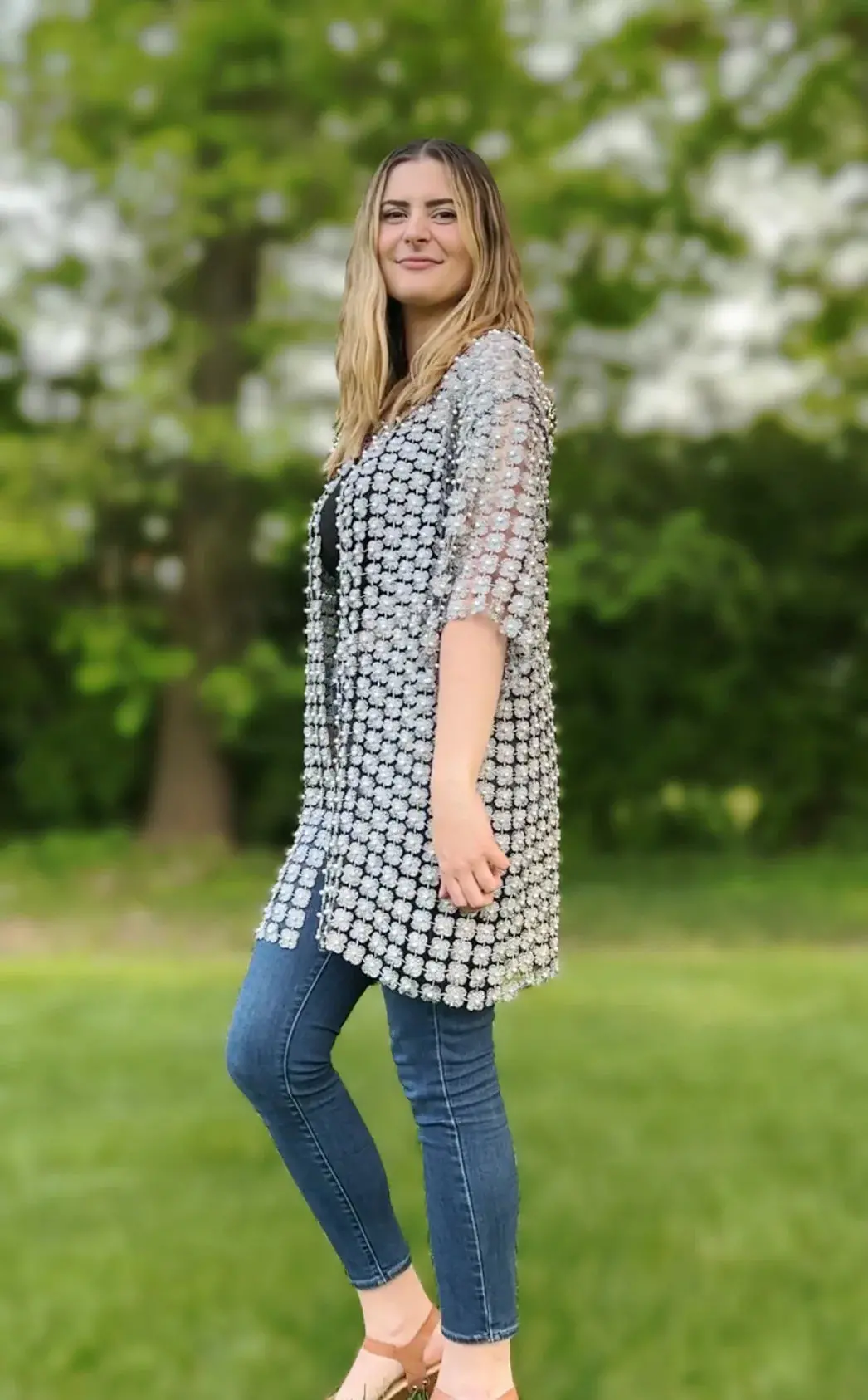Long Lace Coverup With All Over Pearls - Silver 1