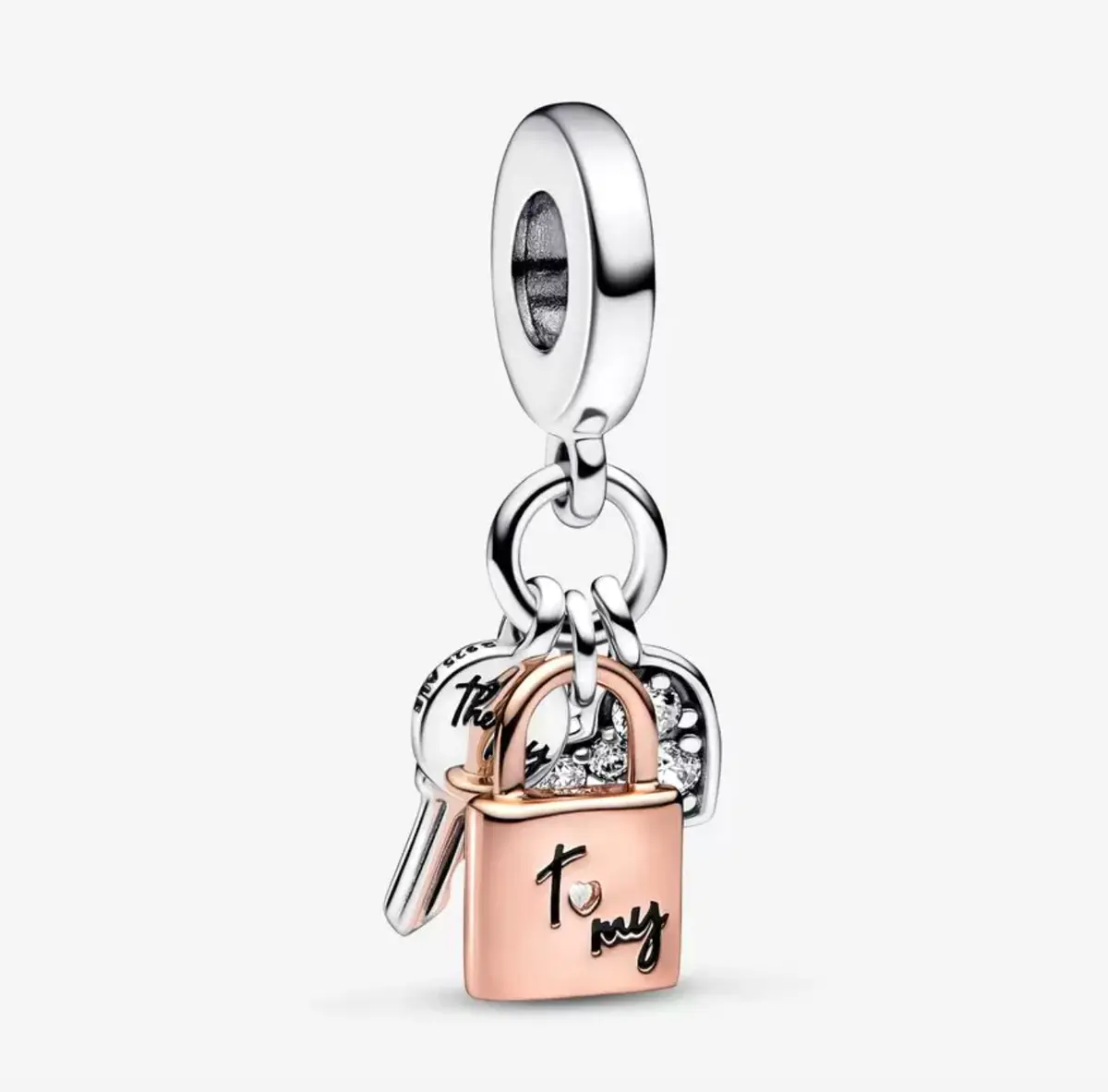 Two-Tone Key, Padlock & Heart Triple Dangle Charm 1