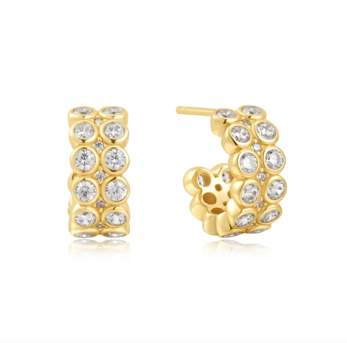 Gold Double Row White Cubic Zirconia Bezel Set Stud Huggies 1
