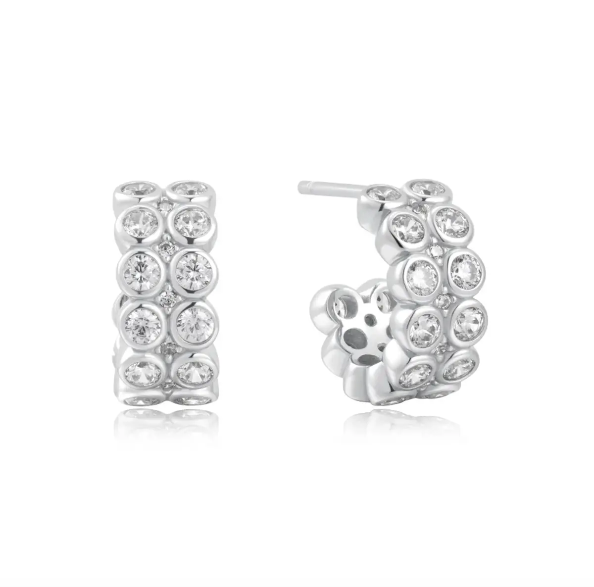 Silver Double Row White Cubic Zirconia Bezel Set Stud Huggies 1