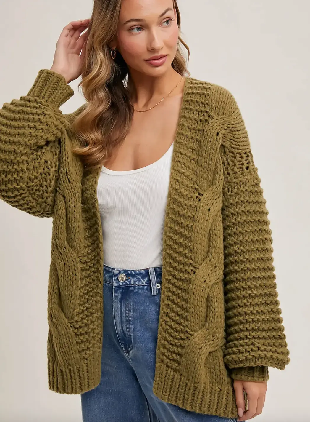 Chunky Cable Cardigan | Olive 1