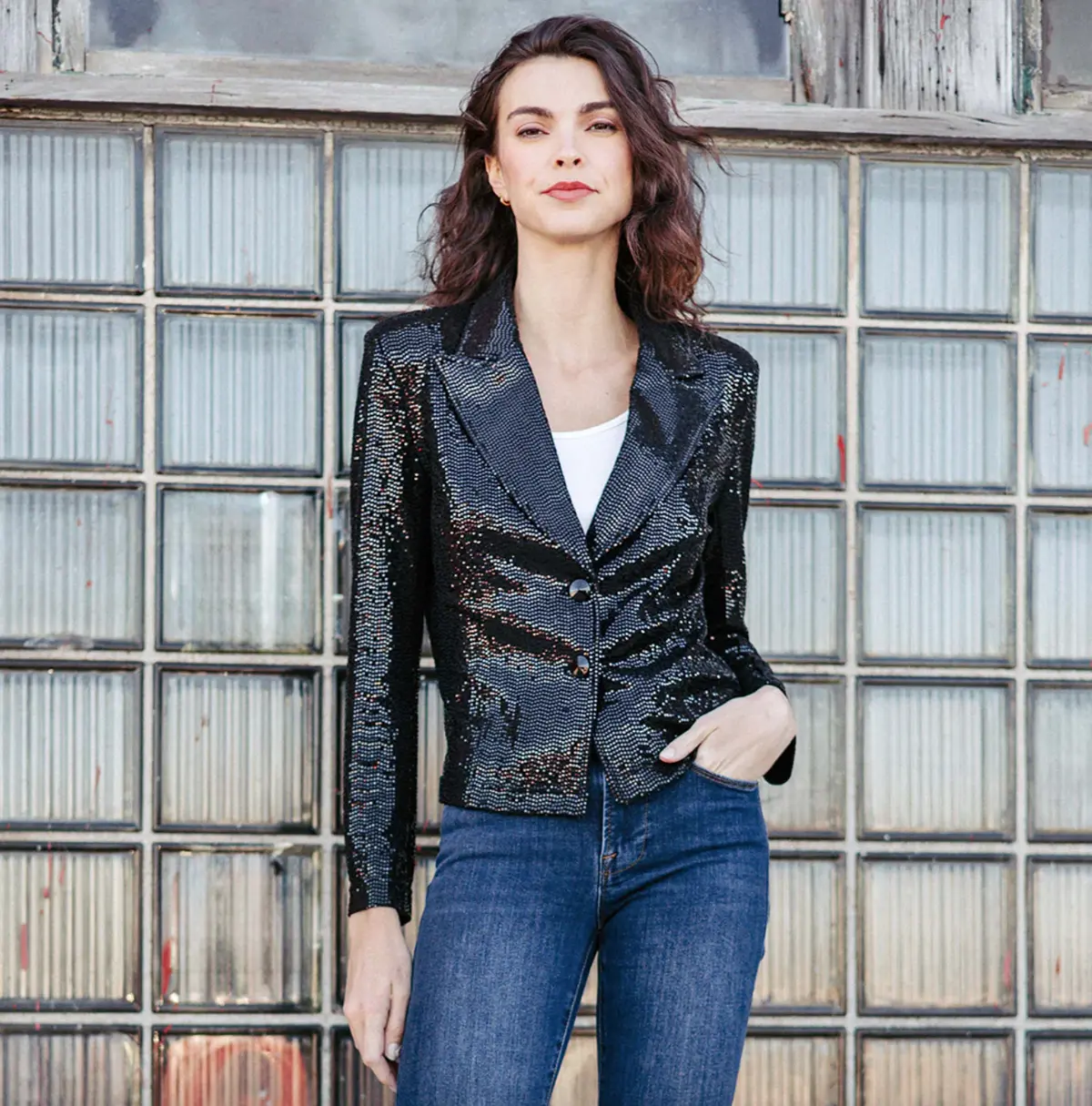 Sequin Knit - Modern Button Blazer - Black 1