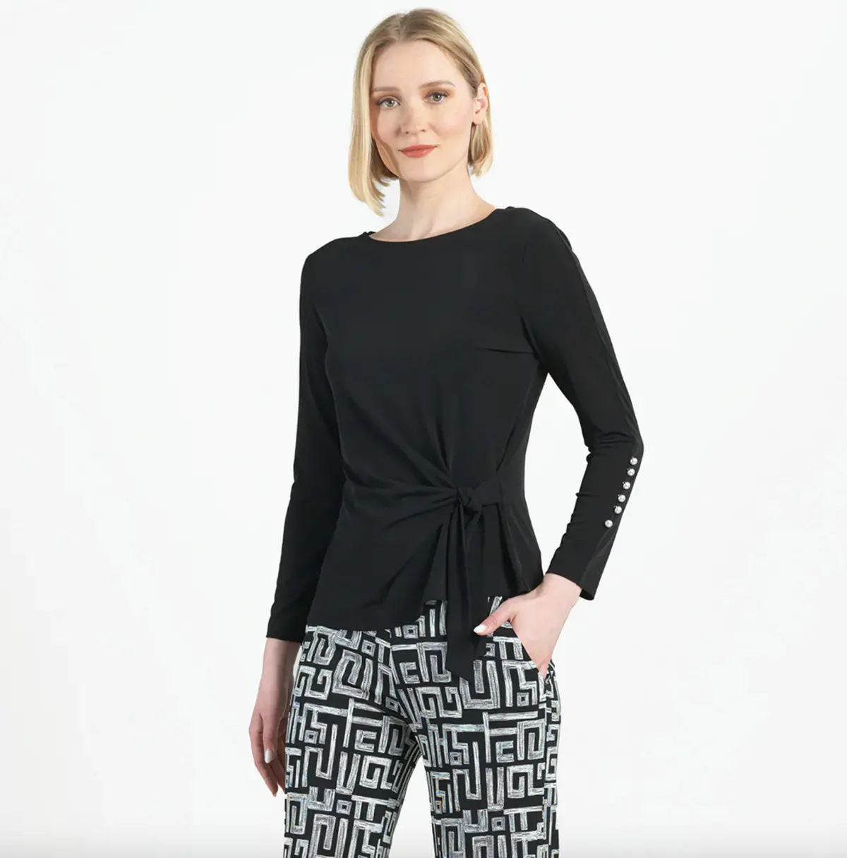 Pearl Cuff Side Tie Waist Top - Black 1