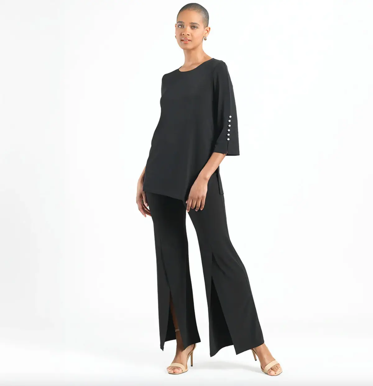 Pearl Cuff Asymmetrical Reverse Hi-Low Tunic - Black 1