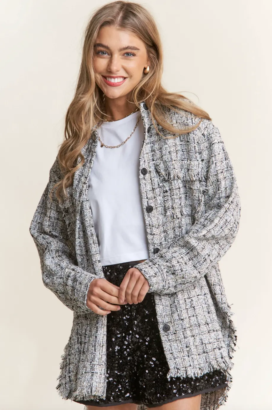 Tweed Button Down Fringed Jacket 1