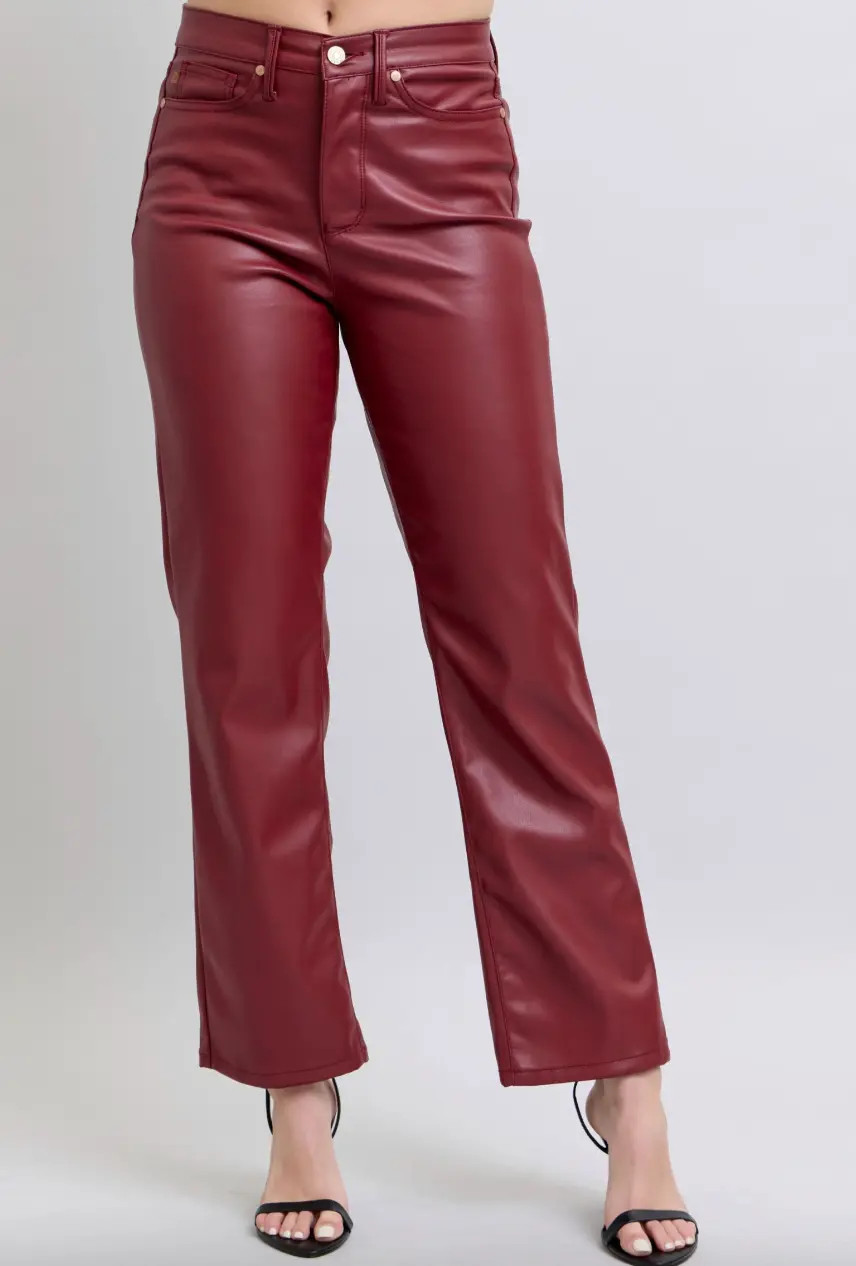 High-Waist Red Faux Leather Straight Jean 1