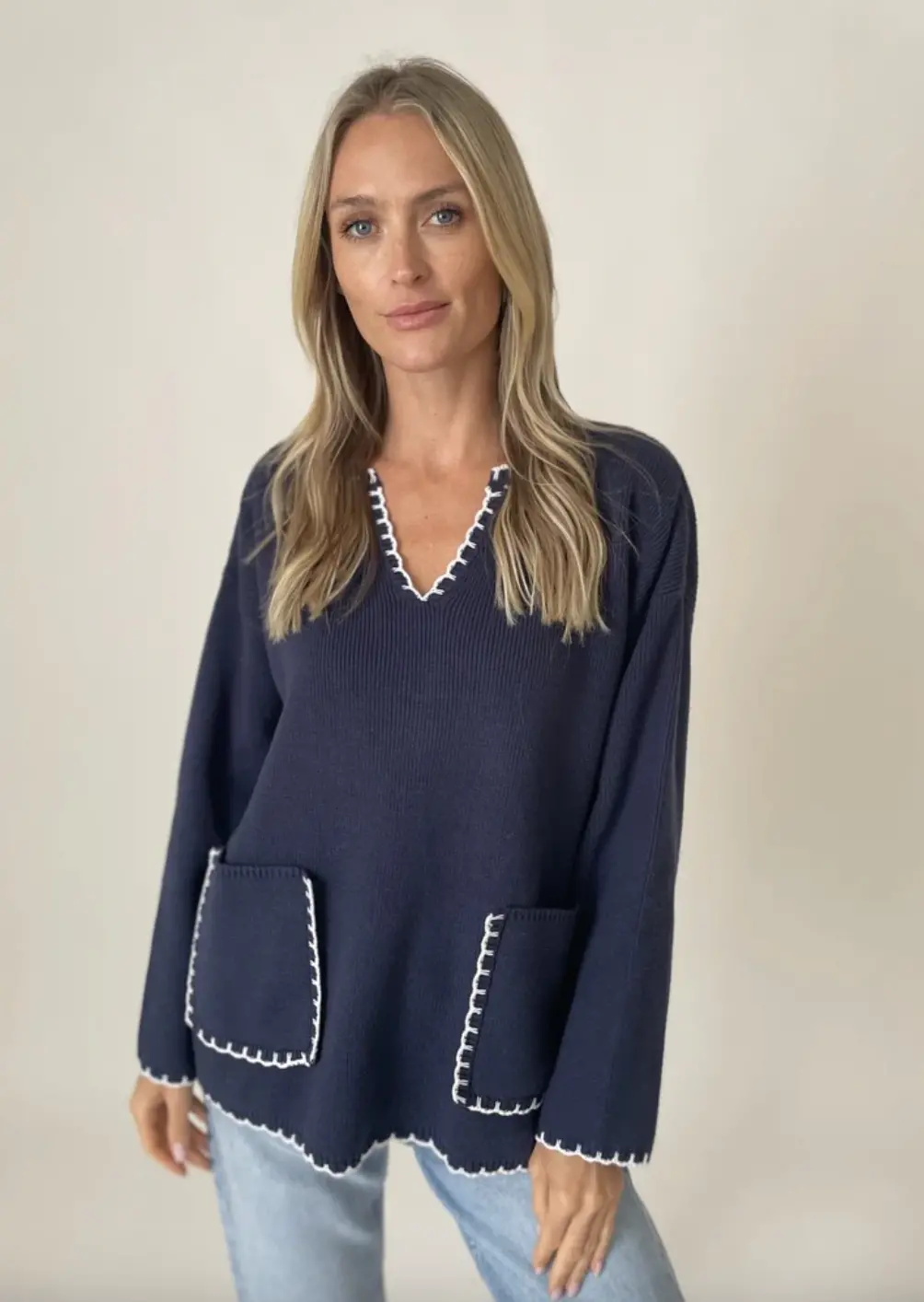 Montauk Exposed Stitch Sweater | Navy 1