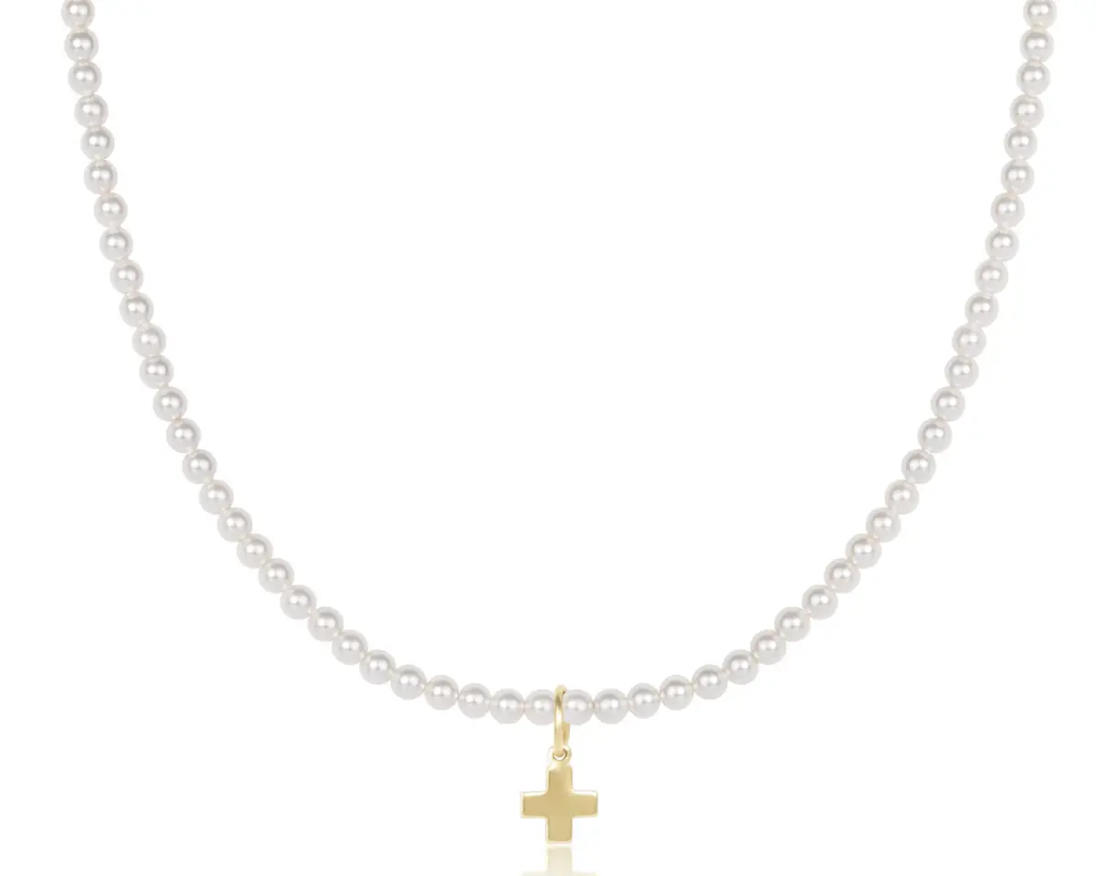 17" Choker Beaded - Classic Pearl 3Mm - Signature Cross Gold Charm 1