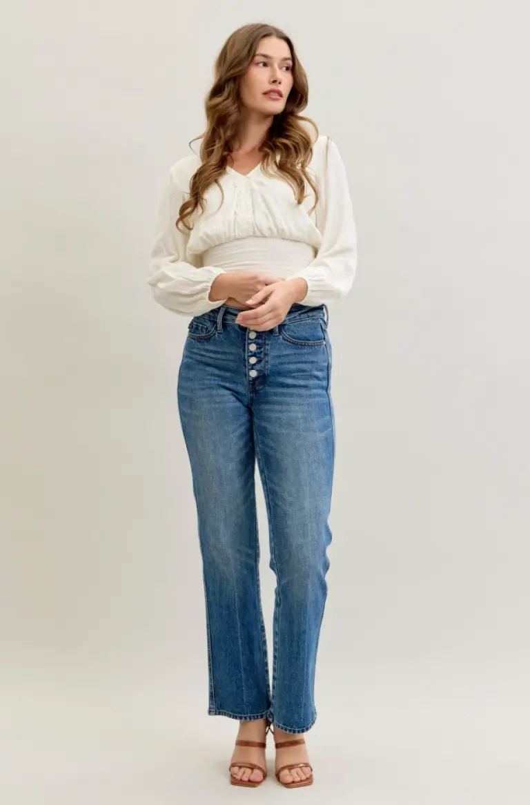Sandy Mid-Rise Button-Fly Straight Jean 1