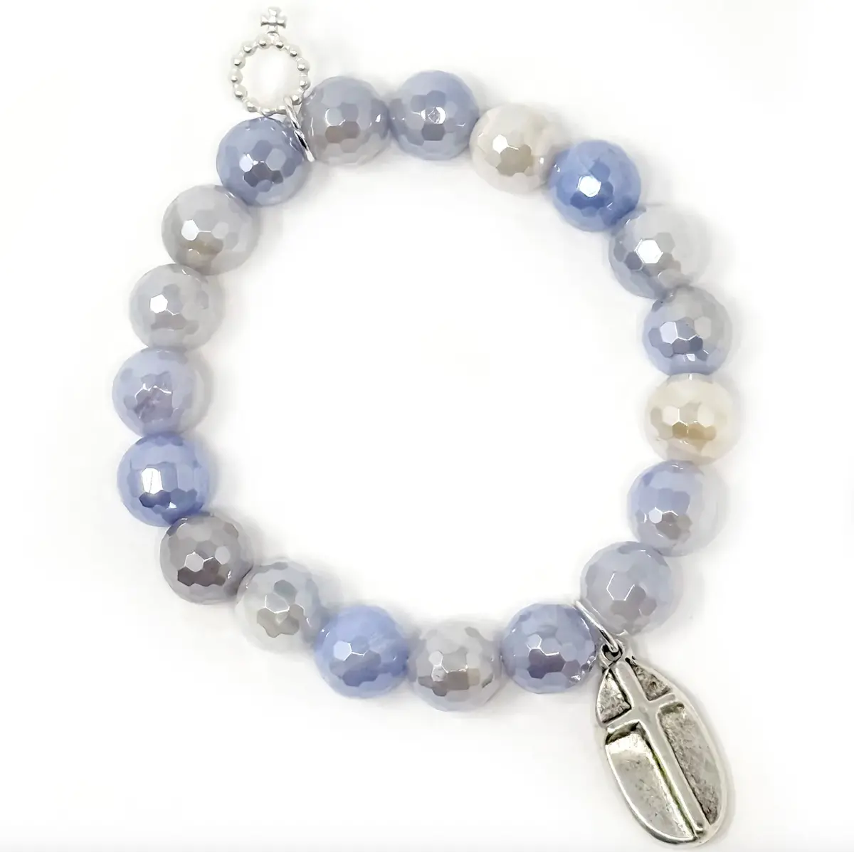 10Mm Faceted Iridescent Ethereal Agate With Matte Silver Cross 1