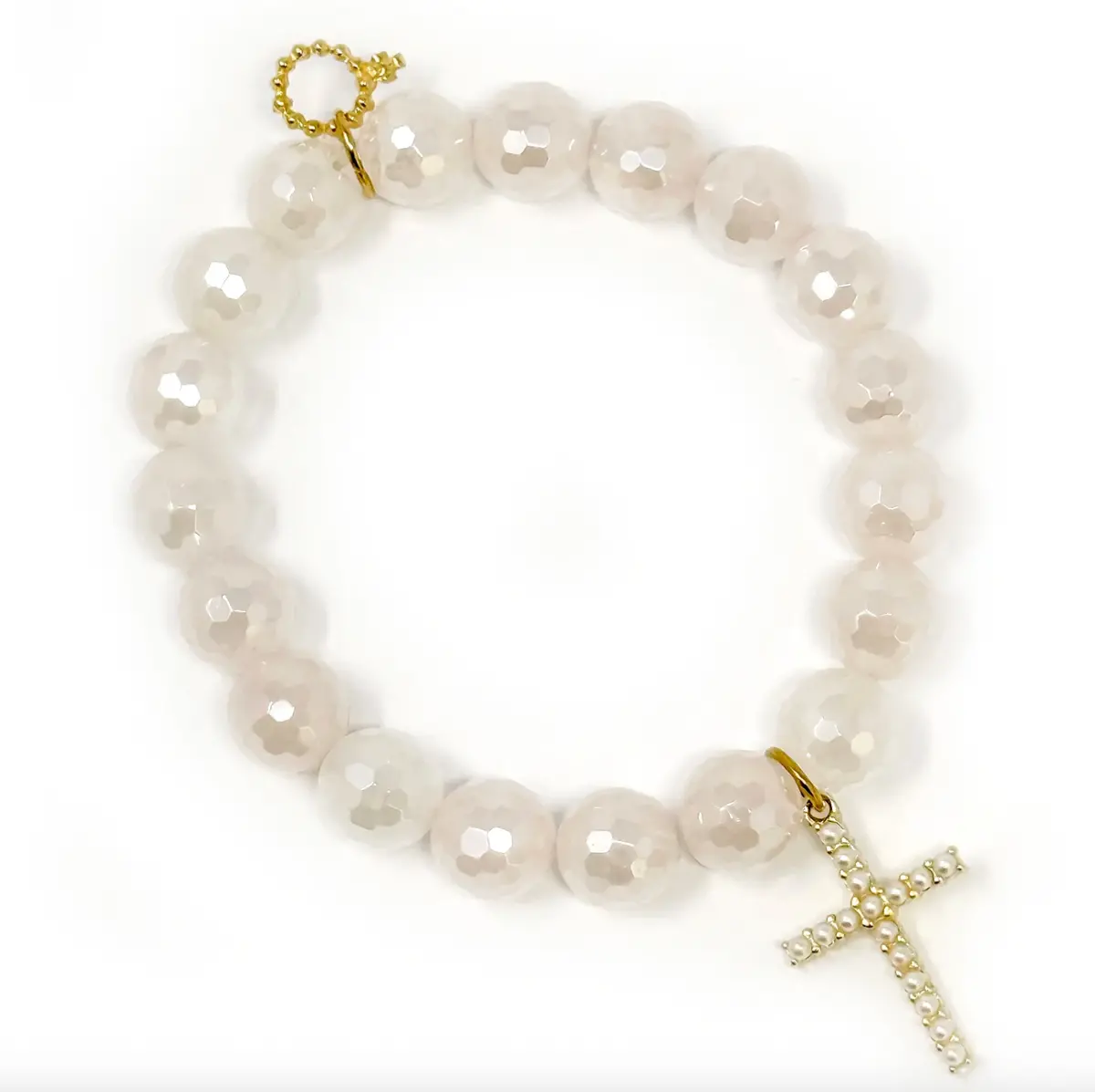 10Mm Faceted Iridescent Rose Quartz With Gold Pearl Cross 1
