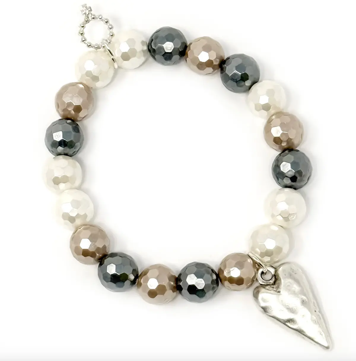 10Mm Faceted Multicolored Mother Of Pearl With Silver Artisan Heart 1
