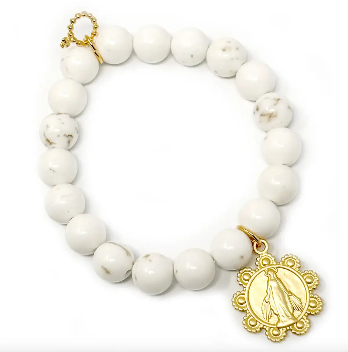 8Mm Creamy White Howlite With Gold Scalloped Blessed Mother 1