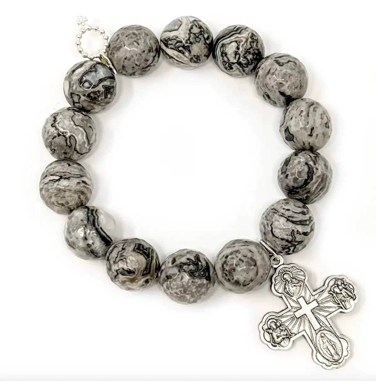 Faceted Silver Leaf Agate With Silver 5-Way Cross 1