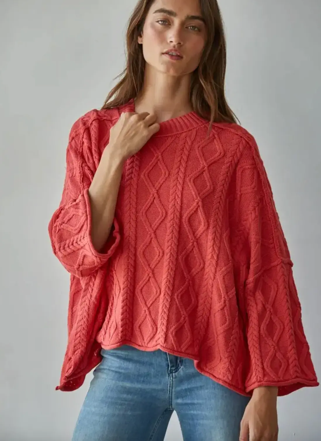Cable Knit 3/4 Sleeve Pullover Sweater 1