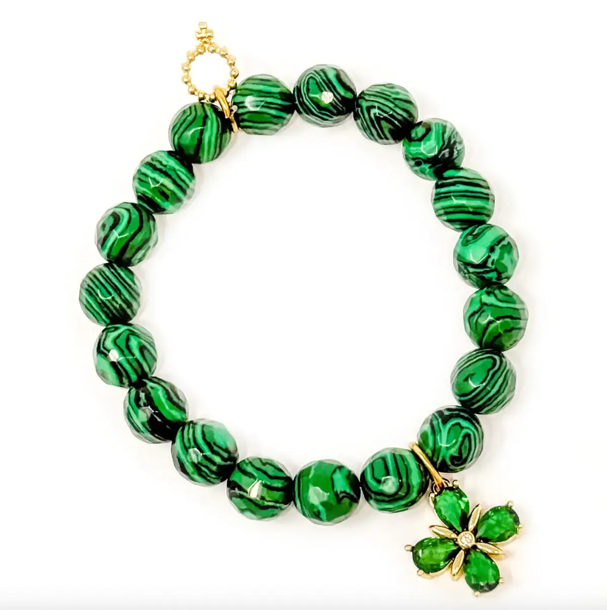 10Mm Faceted Malachite Agate With Green Crystal Clover 1