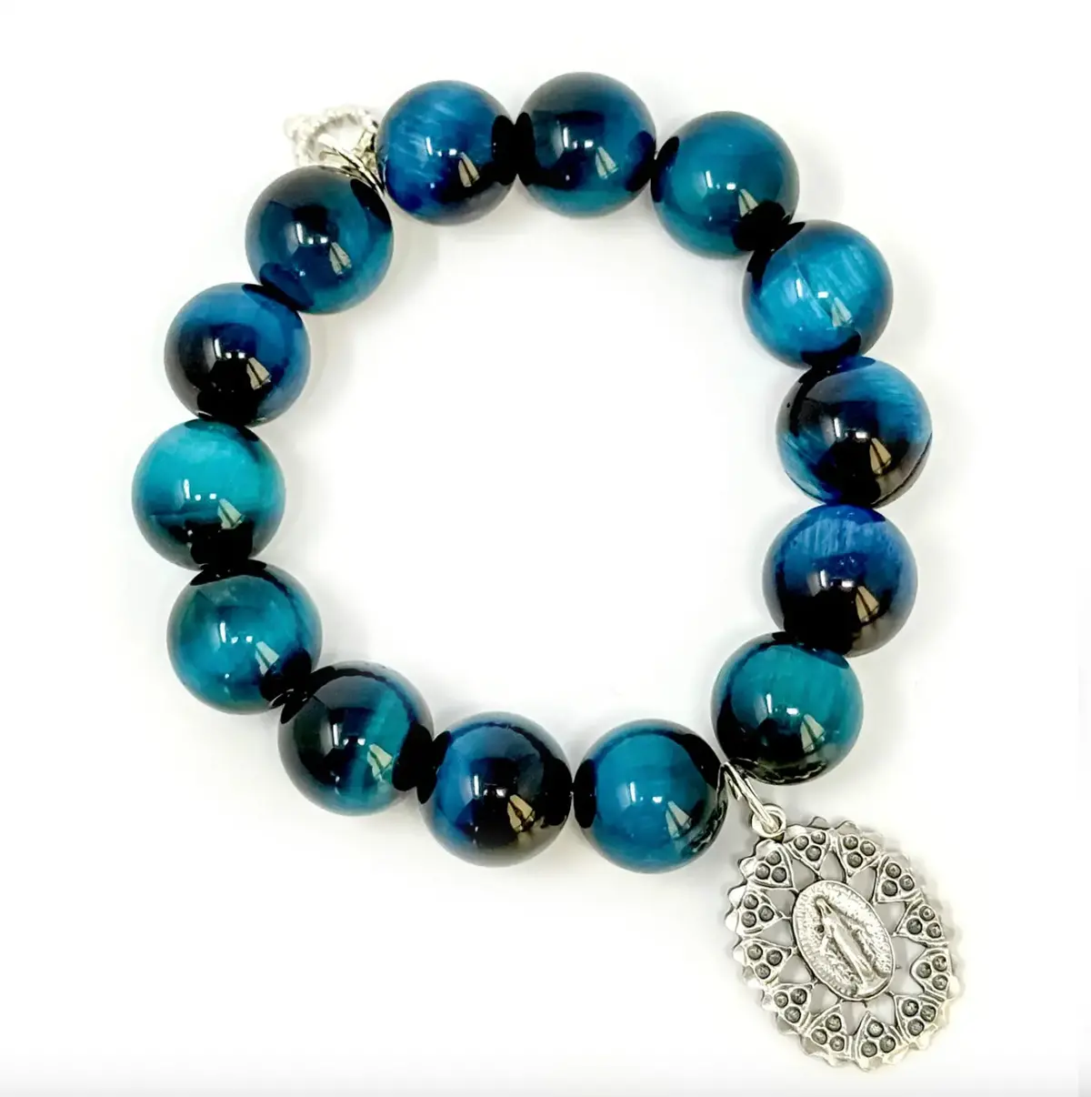 14Mm Teal Tiger Eye Silver Ornate Blessed Mother 1