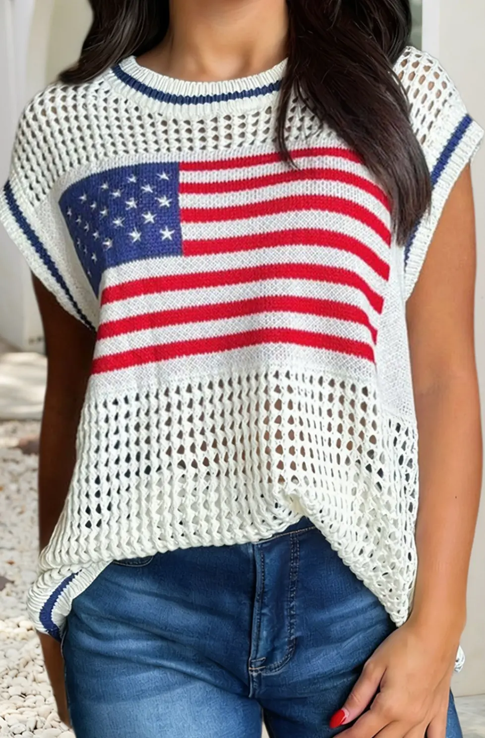 Usa Flag Eyelet Sweater Top 1