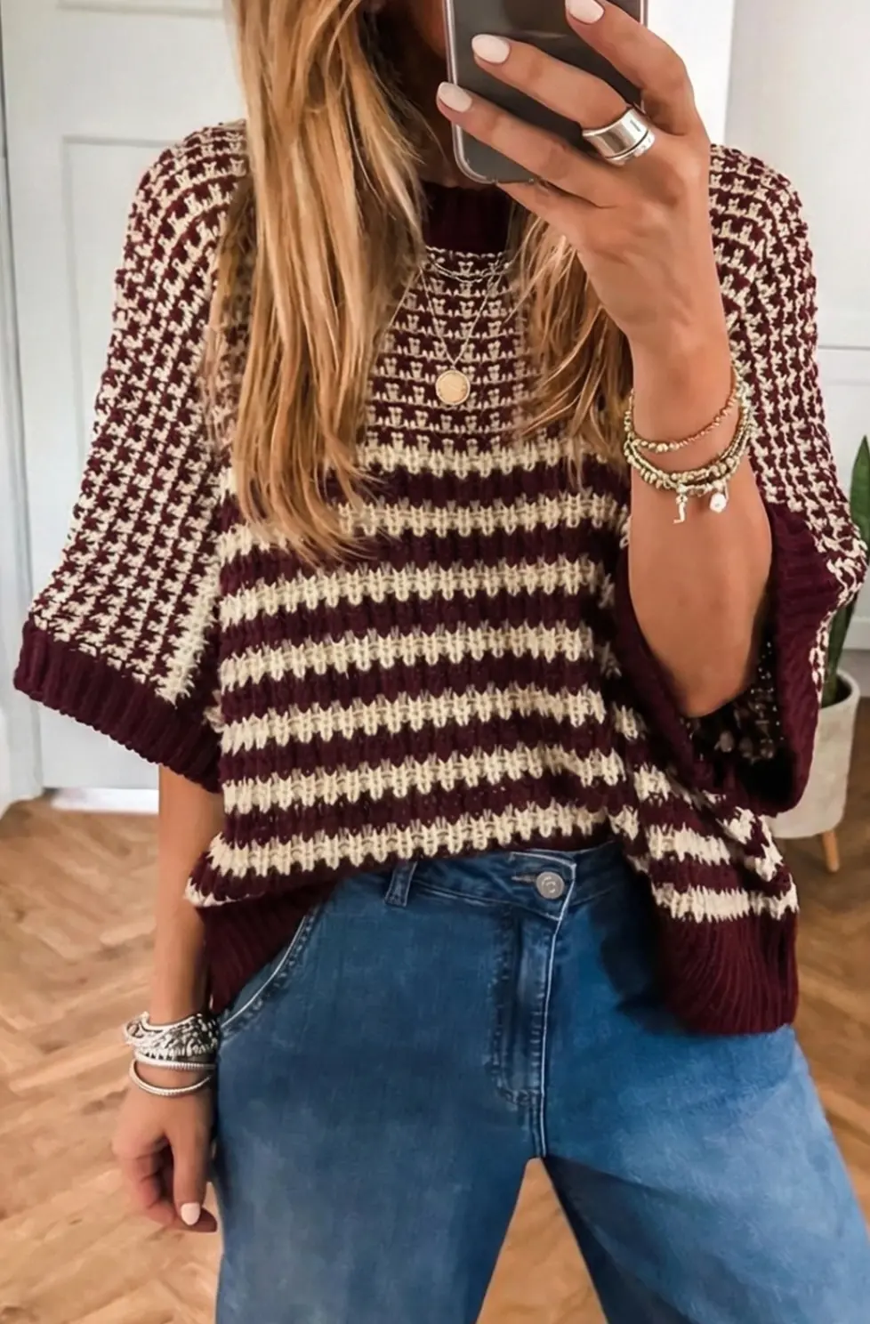 3/4 Sleeve Burgundy Draped Sweater 1