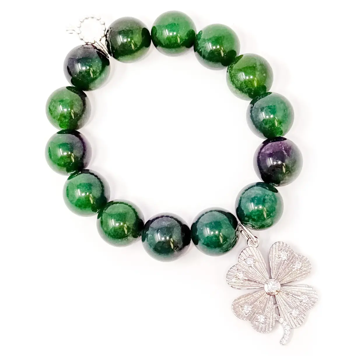 Kelly Green Agate With Large Silver Crystal Clover 1