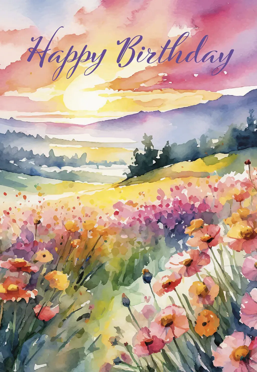 Watercolor Poppy Field Sunset Birthday Card 1