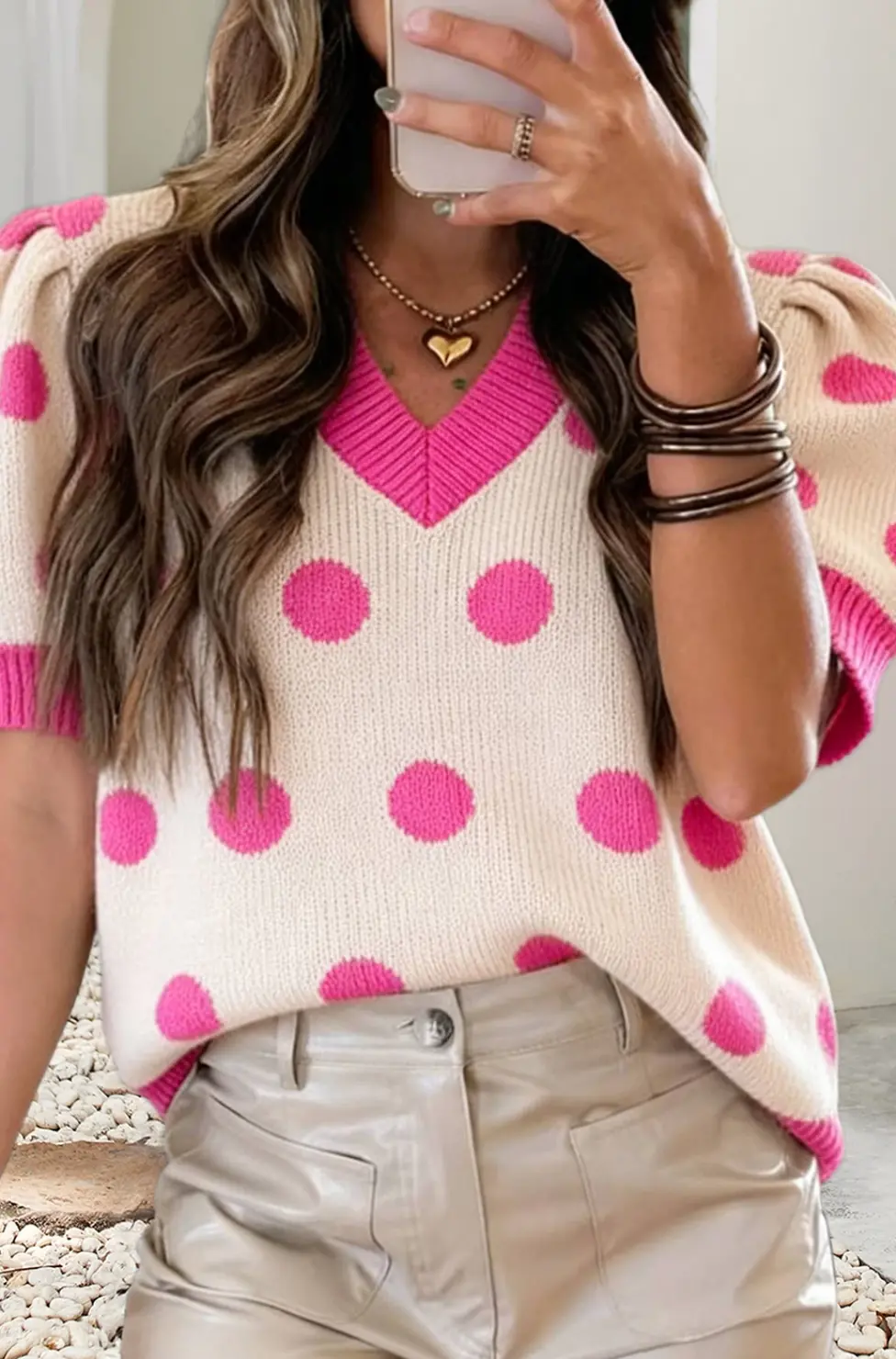 Polka Dot Puff Sleeve Sweater Top 1