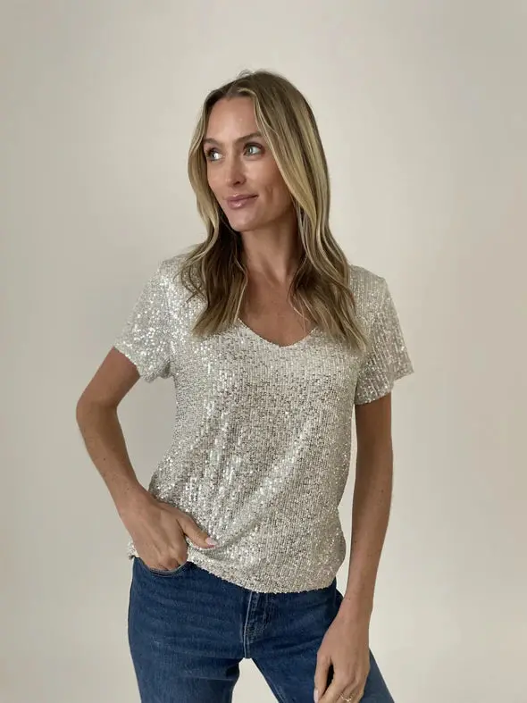 Anna Sequin Scoop Neck Top | Silver 1