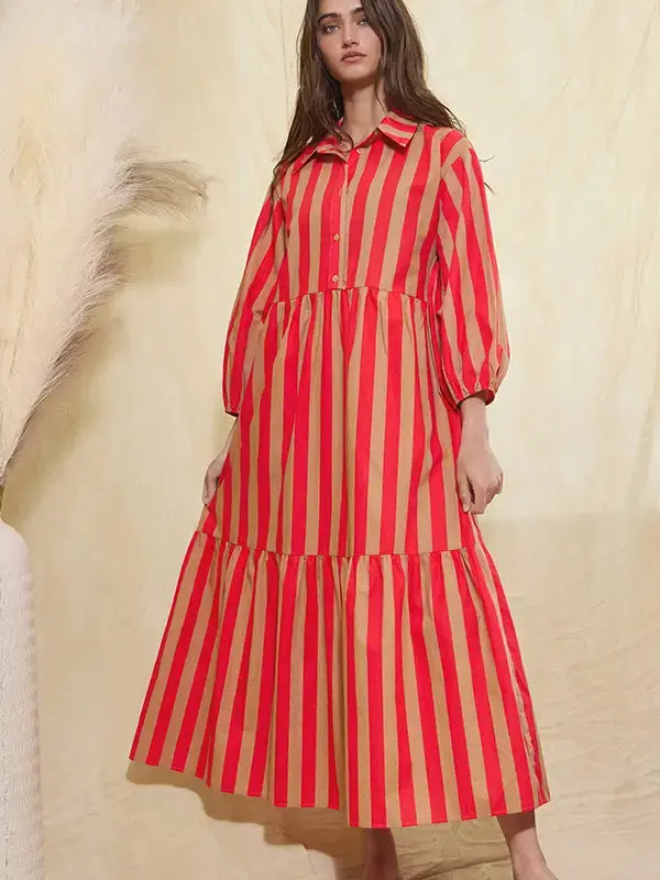 Striped Print Tiered Midi Shirt Dress 1