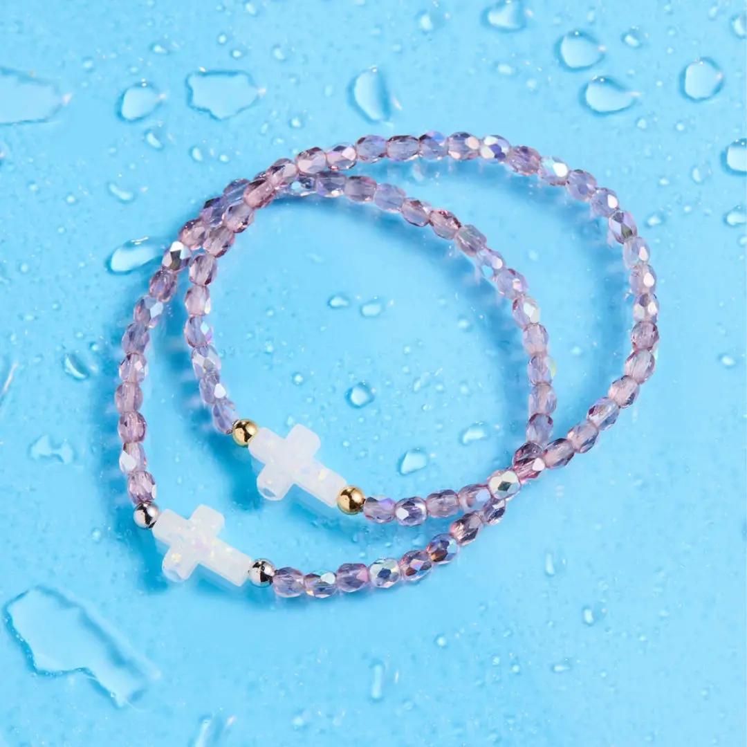 Holy Water Beaded Amethyst Ab Cross Bracelet | Gold 1