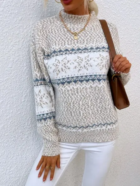 Knit Snowflake Mock Neck Sweater | Khaki 1