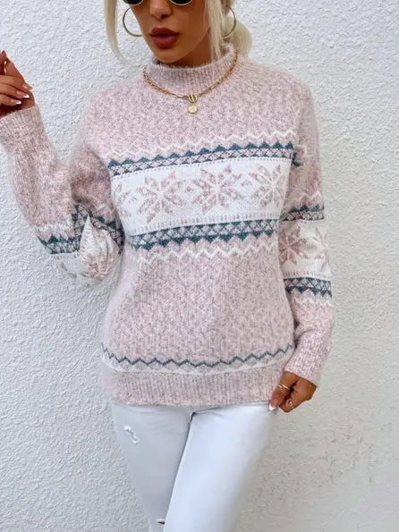 Knit Snowflake Mock Neck Sweater | Pink 1