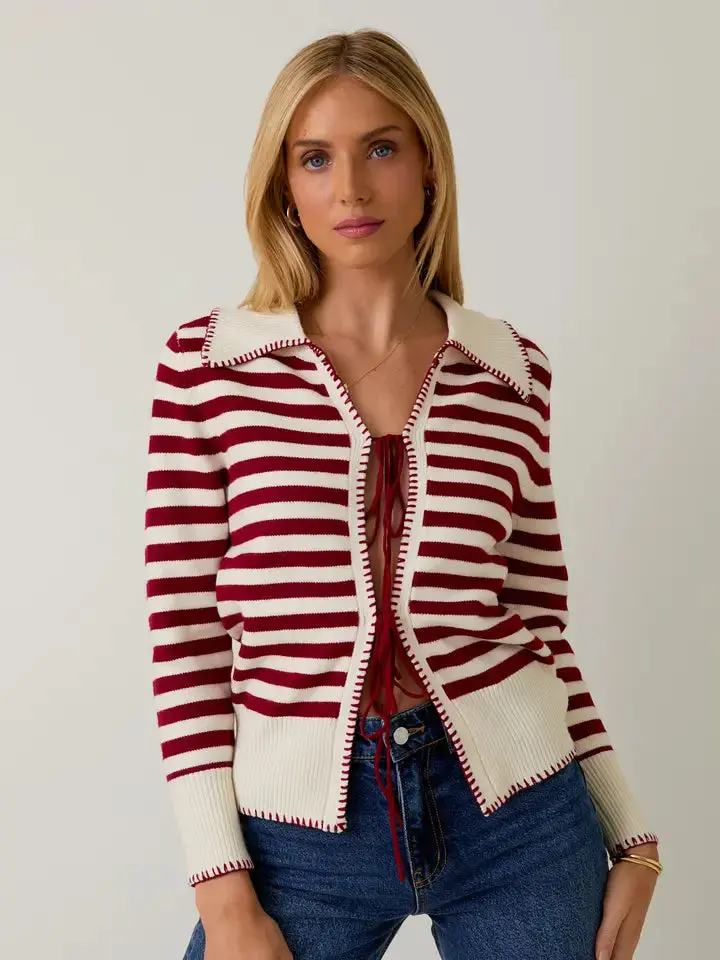 Peter Pan Collar Front Tie Striped Cardigan 1