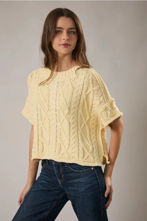 The Sunny Round Neck Short Sleeve Knit Sweater - Butter Yellow 1