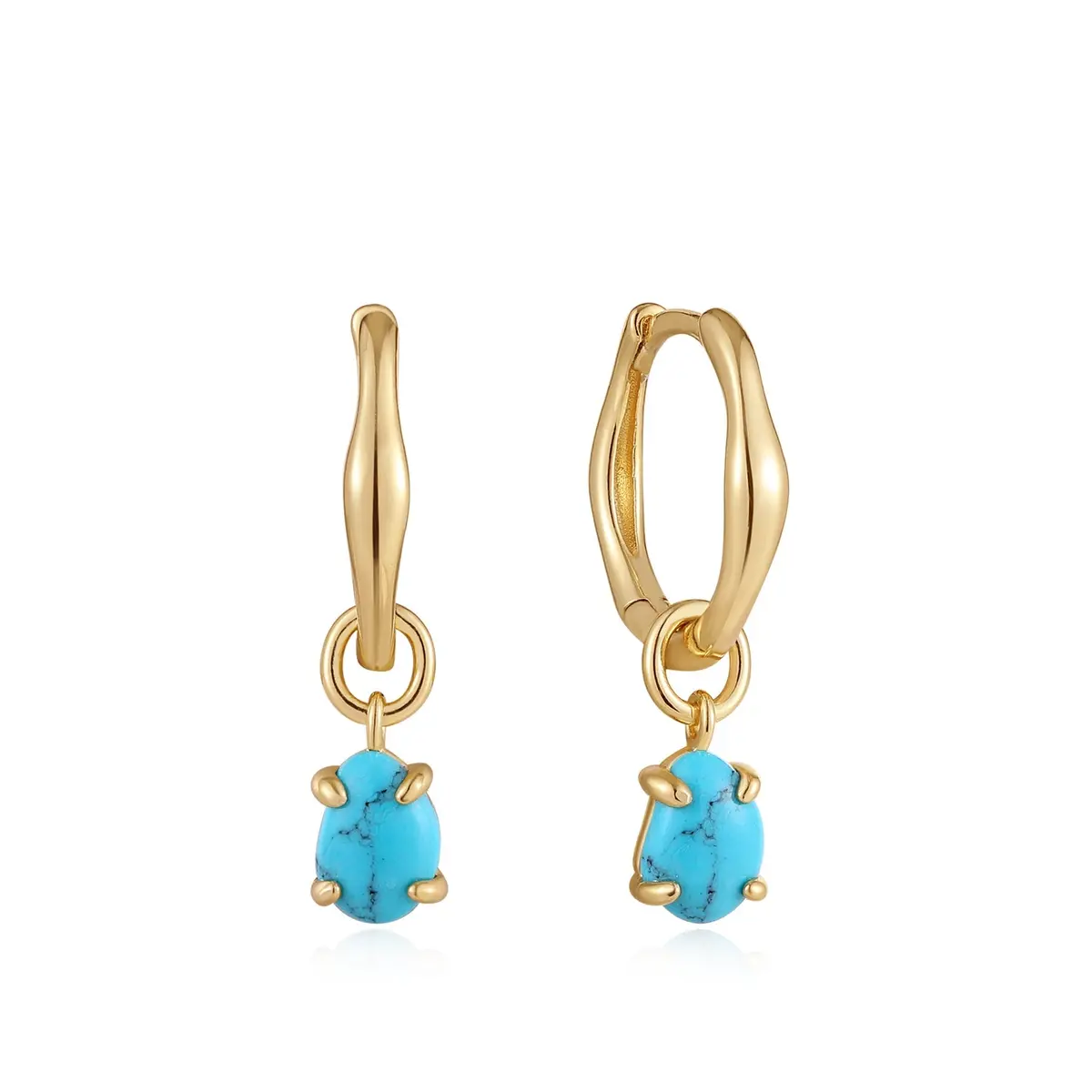 Gold Turquoise Drop Wave Huggie Hoop Earrings 1